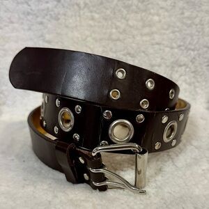 Brown & Silver Double Grommet Y2K Women’s Genuine Leather Belt Size 36